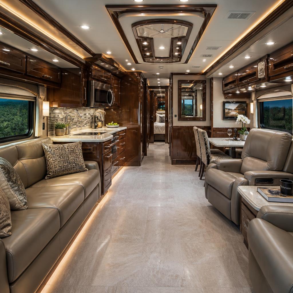 Luxury Class A diesel pusher interior with rich leather seating, polished wood cabinetry, and upscale finishes