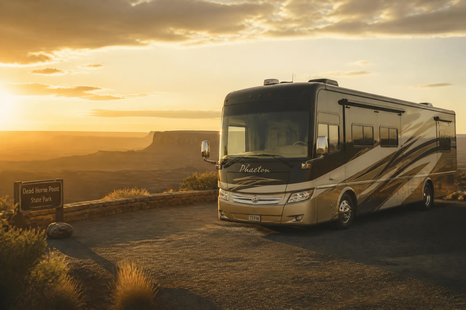Class A diesel motorhome parked at a scenic overlook at sunset